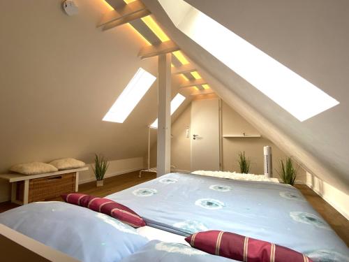 布吕尔Apartment am Schloss的阁楼间设有一张带天窗的大床