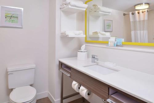 McLeansville格林斯伯罗东/麦克莱恩斯维尔汉普顿酒店的浴室设有卫生间和带镜子的盥洗盆