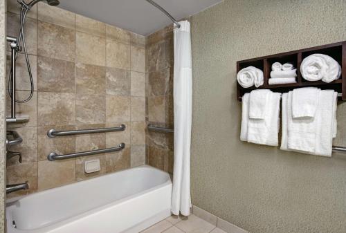 格林维尔格林维尔/伍德拉夫路汉普顿酒店的浴室配有浴缸、淋浴和毛巾。
