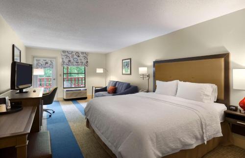 海伦海伦希尔顿恒庭酒店的酒店客房设有一张大床和一张书桌。