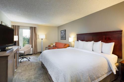 休斯顿休斯敦格拉利亚附近汉普顿酒店的酒店客房设有一张大床和一台电视。