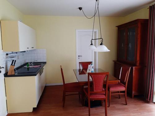 格拉尔-米里茨Residenz Lausitz - Apartments für Urlaub mit Hund的厨房以及带桌椅的用餐室。