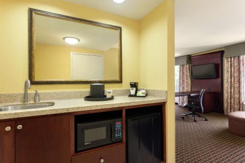 普拉特维尔普拉特维尔汉普顿套房酒店的酒店客房设有水槽和镜子