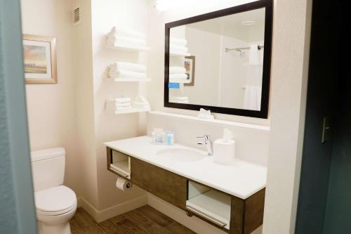 马斯科吉马斯科吉希尔顿恒庭酒店的一间带水槽、卫生间和镜子的浴室
