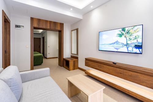 伊斯坦布尔Mardy Hotel的客厅配有沙发和墙上的电视