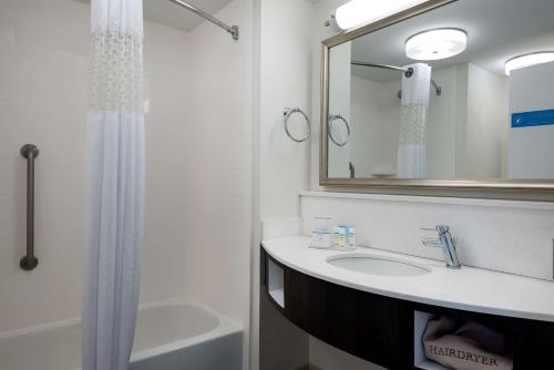 默特尔比奇默特尔西海滩汉普顿酒店的一间带水槽、镜子和淋浴的浴室