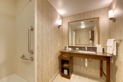 俄克拉何马城Homewood Suites by Hilton Oklahoma City-Bricktown的一间带水槽、淋浴和镜子的浴室