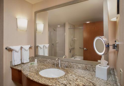 波特兰波特兰市中心海滨希尔顿花园酒店的一间带水槽和大镜子的浴室