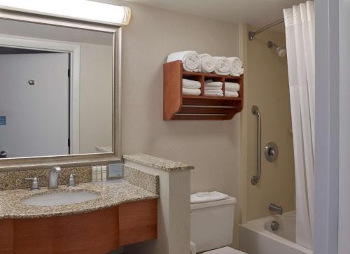 南波特兰汉普顿波特兰机场酒店的一间带水槽、卫生间和镜子的浴室