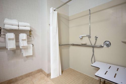 雷纳姆雷纳姆陶顿汉普顿酒店的带淋浴和浴帘的浴室