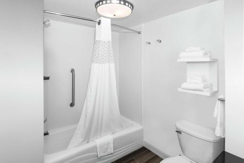卡瑞Hampton Inn & Suites Raleigh/Cary I-40 (PNC Arena)的带淋浴和浴帘的浴室