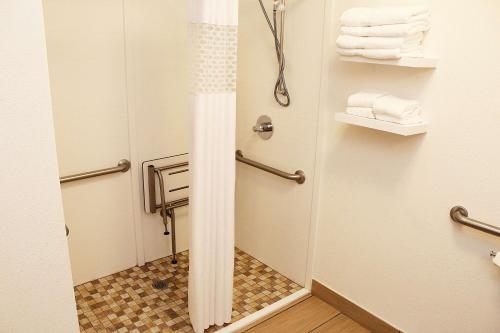 里士满肯塔基州里士满汉普顿酒店的浴室配有淋浴和带毛巾的卫生间。