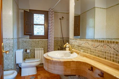 萨德亚Apartamentos La Güertona的一间带水槽、卫生间和镜子的浴室