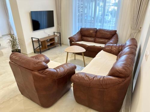 乌尔齐尼Marini Casa的客厅配有2把皮椅和沙发