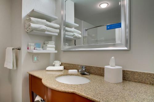 罗拉罗拉汉普顿酒店的浴室配有盥洗盆、镜子和毛巾