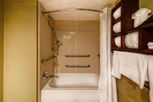 落基山落基山希尔顿恒庭酒店的带淋浴和白色浴缸的浴室
