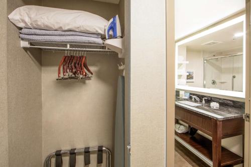 西雅图西雅图市中心汉普顿套房酒店的一间带水槽的浴室和一张双层床。