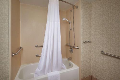 Shrewsbury什鲁斯伯里恒庭酒店的一间带白色淋浴帘的浴室