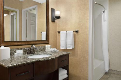 利物浦锡拉丘兹利物浦希尔顿惠庭套房酒店的一间带水槽、镜子和淋浴的浴室