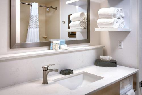 特里蒙顿特莱蒙顿希尔顿恒庭酒店的浴室配有盥洗盆、镜子和毛巾