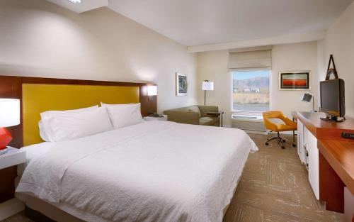 特里蒙顿特莱蒙顿希尔顿恒庭酒店的酒店客房配有一张床、一张书桌和一台电视。