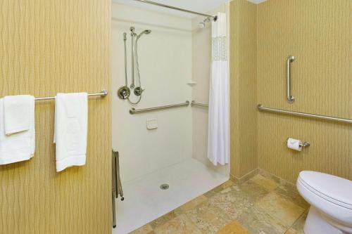 Waynesburg韦恩斯堡汉普顿酒店的带淋浴、卫生间和毛巾的浴室