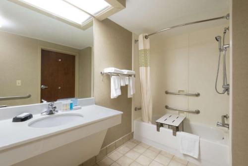 威尔克斯伯纳威尔克斯伯纳希尔顿恒庭酒店的一间带水槽、浴缸和淋浴的浴室