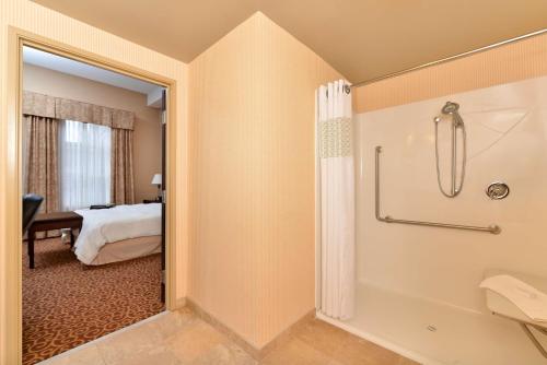 勒杜克埃德蒙顿国际机场希尔顿汉普顿套房酒店的带淋浴的浴室和卧室