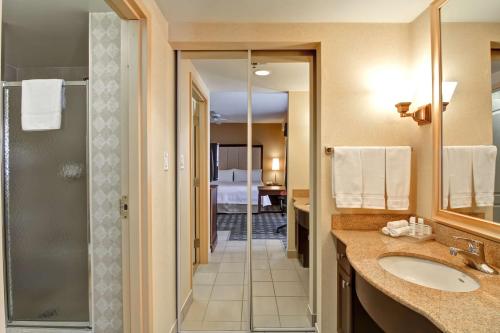 米西索加多伦多密西沙加希尔顿惠庭套房酒店的一间带水槽和淋浴的浴室以及一间卧室
