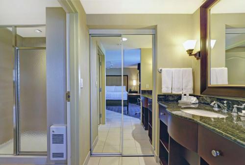坎布里奇安大略省剑桥-滑铁卢希尔顿惠庭套房酒店的一间带两个盥洗盆和淋浴的浴室