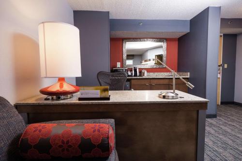 亚特兰大Hilton Garden Inn Atlanta Marietta的客房配有带台灯和镜子的书桌