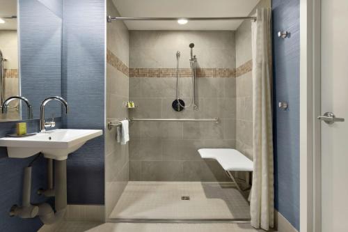 波士顿波士顿-剑桥希尔顿逸林酒店的带淋浴和盥洗盆的浴室