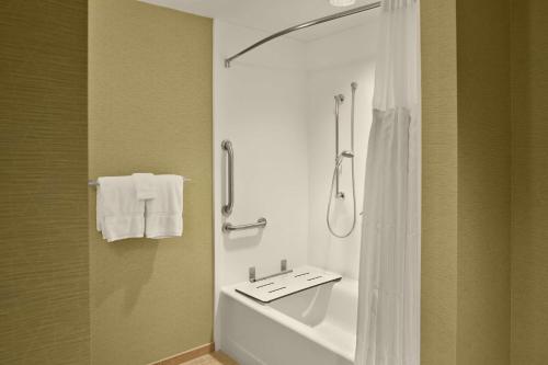 亚克朗阿克伦希尔顿花园酒店的浴室配有白色水槽和淋浴。