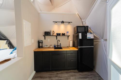 South MaitlandGravity Luxury Domes的帐篷内带黑色冰箱的小厨房