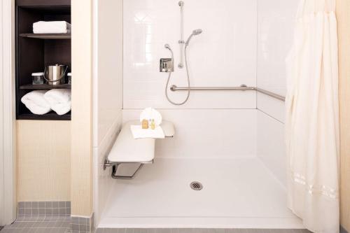 格林伍德村丹佛科技希尔顿逸林酒店的带淋浴和盥洗盆的浴室
