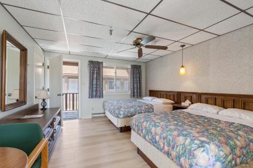 旧奥查德比奇The Carolina Motel的酒店客房设有两张床和一张桌子。