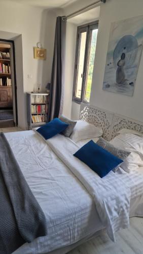 德拉吉尼昂Le Mas du Sud的卧室配有带蓝色枕头的大型白色床