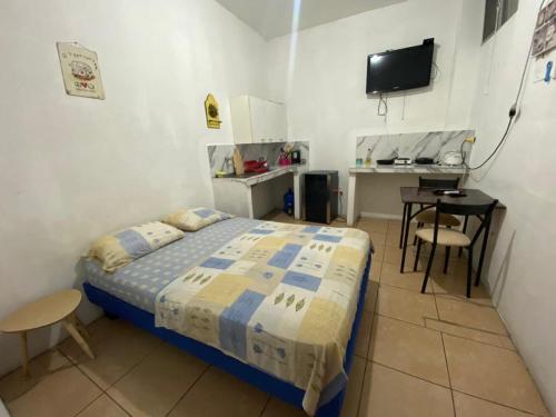 曼塔Playa Aparts & Suites Malecon的一间卧室配有一张床、一张桌子和一台电视