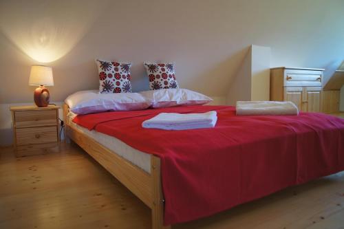 考斯赛力克Apartament Mountain View的一间卧室配有一张带红色毯子的大床