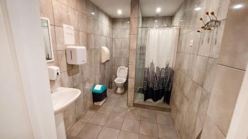 里加快乐旅馆的带淋浴、卫生间和盥洗盆的浴室