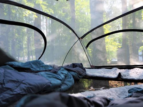 约恩苏LevonMajat的森林里带睡袋的帐篷