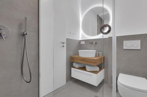 图彻皮Apartman DeLux with private pool的带淋浴、盥洗盆和镜子的浴室