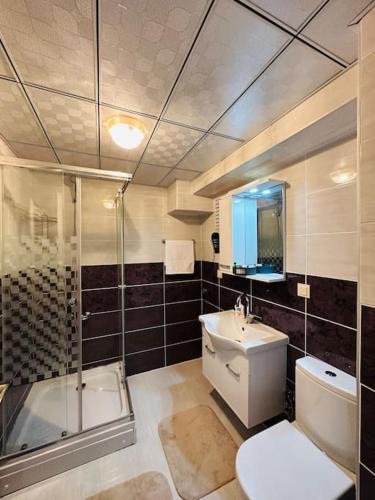 恰纳卡莱Ak Home Dublex - apartment的一间带水槽、淋浴和卫生间的浴室