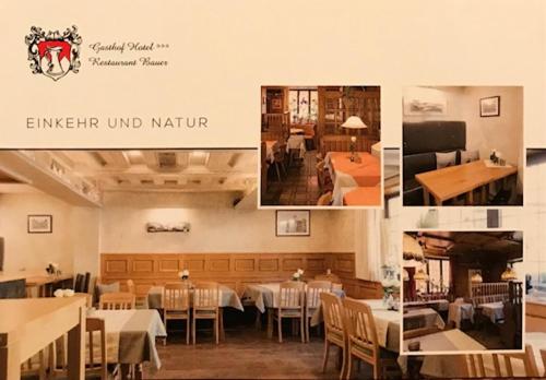 黑尔斯布鲁克Gasthof Hotel Bauer的一张带桌椅的餐厅的照片