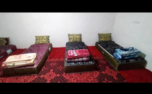 米德勒特Gite taouraout的一间铺有红地毯的带三张床的客房