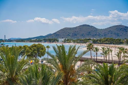 阿尔库迪亚Ideal Property Mallorca - Blue Sky的享有棕榈树海滩和桥梁的景色