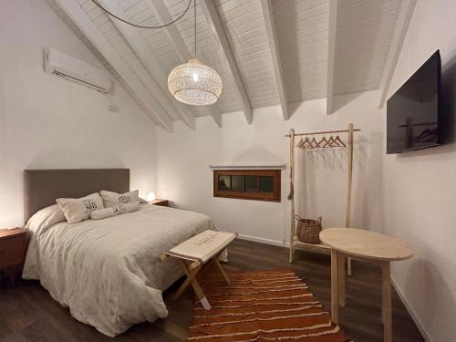 门多萨Oeste suites的一间卧室配有一张大床和一张桌子