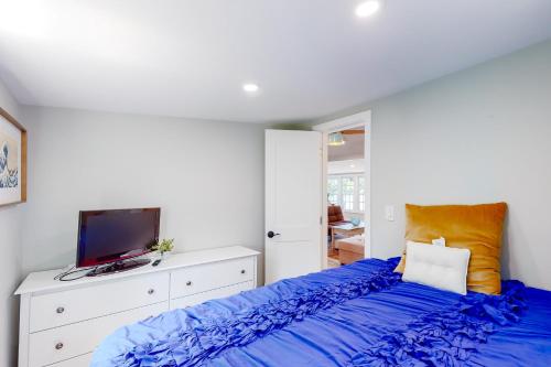 普里茅斯Magic on Micajah的一间卧室配有一张带蓝色床单的床和一台电视。
