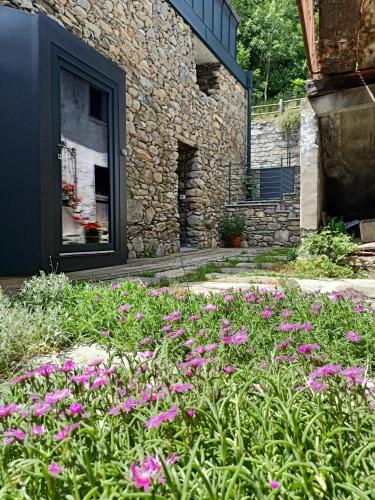 GignodV&V RentRoom Design的一座花园,在一座建筑前方种有粉红色花卉