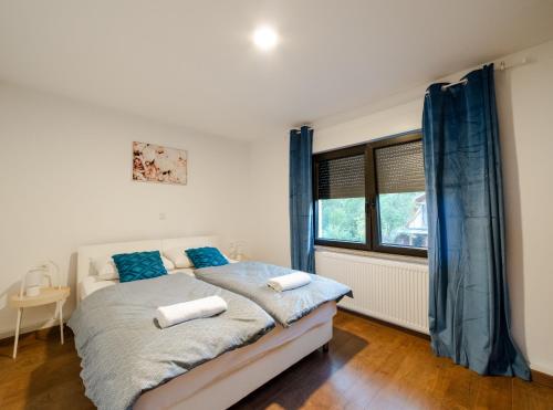 拉科维察Jankovi Dvori的一间卧室配有一张带蓝色窗帘的床和一扇窗户